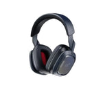 Studio shot of the black ASTRO A30 LIGHTSPEED headset, showcasing its sleek over-ear design, red memory-foam cushions, and detachable boom microphone.