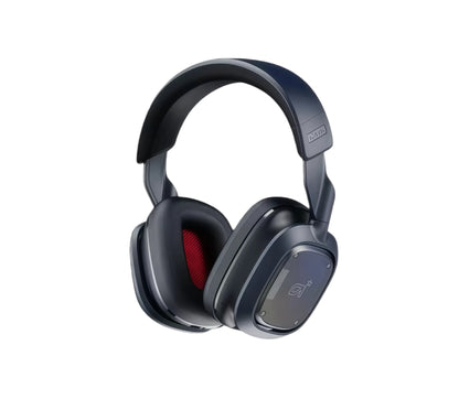 Studio shot of the black ASTRO A30 LIGHTSPEED headset, showcasing its sleek over-ear design, red memory-foam cushions, and detachable boom microphone.