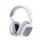Front view of the white ASTRO A30 LIGHTSPEED headset with purple ear pads and metallic accents, highlighting its lightweight, ergonomic build.