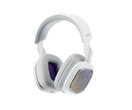 Front view of the white ASTRO A30 LIGHTSPEED headset with purple ear pads and metallic accents, highlighting its lightweight, ergonomic build.