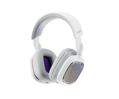 Front view of the white ASTRO A30 LIGHTSPEED headset with purple ear pads and metallic accents, highlighting its lightweight, ergonomic build.