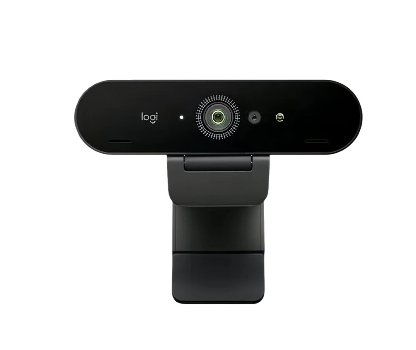 Front-facing shot of the black Logitech BRIO 4K webcam, highlighting its 4K lens, dual microphones, and Windows Hello-ready infrared sensors.