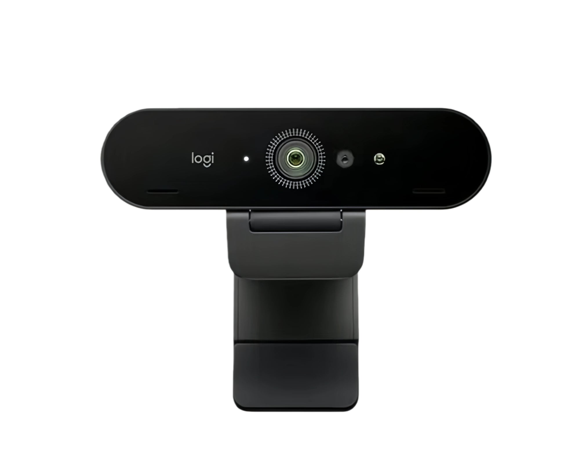 Front-facing shot of the black Logitech BRIO 4K webcam, highlighting its 4K lens, dual microphones, and Windows Hello-ready infrared sensors.