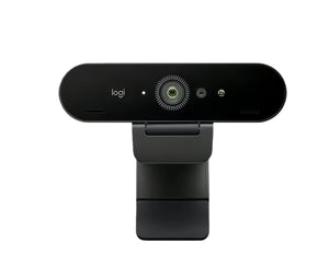 Front-facing shot of the black Logitech BRIO 4K webcam, highlighting its 4K lens, dual microphones, and Windows Hello-ready infrared sensors.