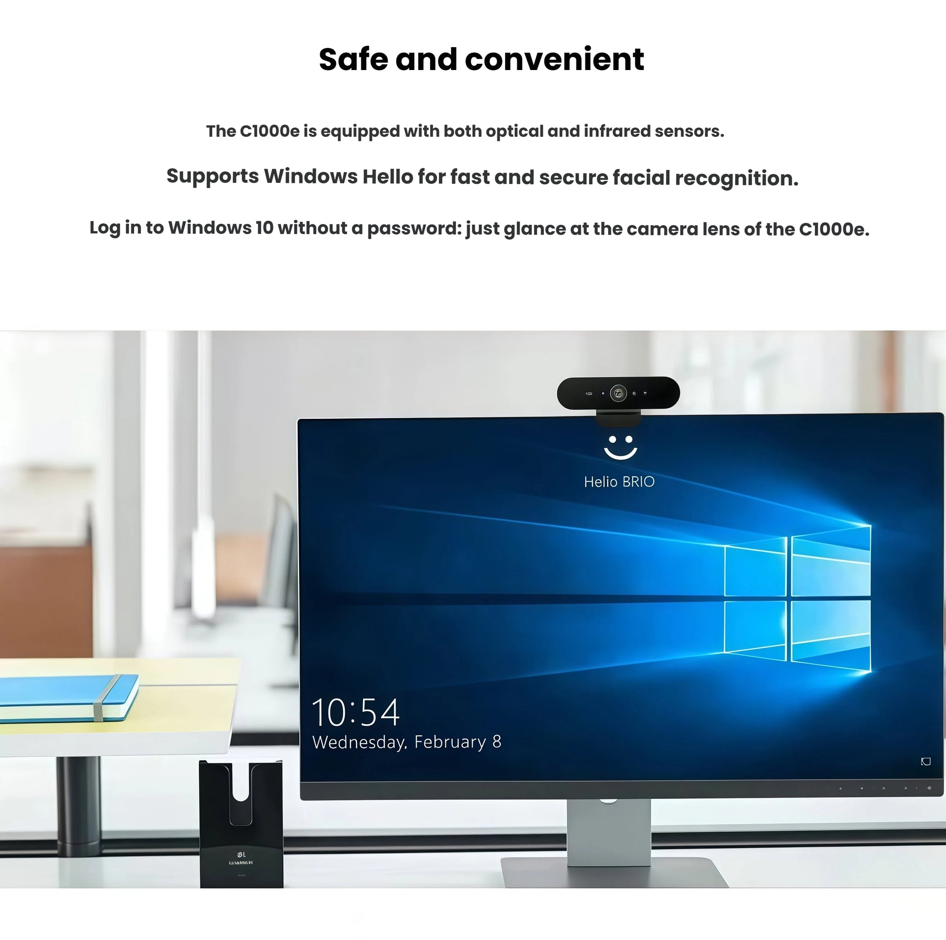 Demonstration of Windows Hello on a desktop screen, showing the BRIO 4K webcam securely logging in the user with a smile and no password.