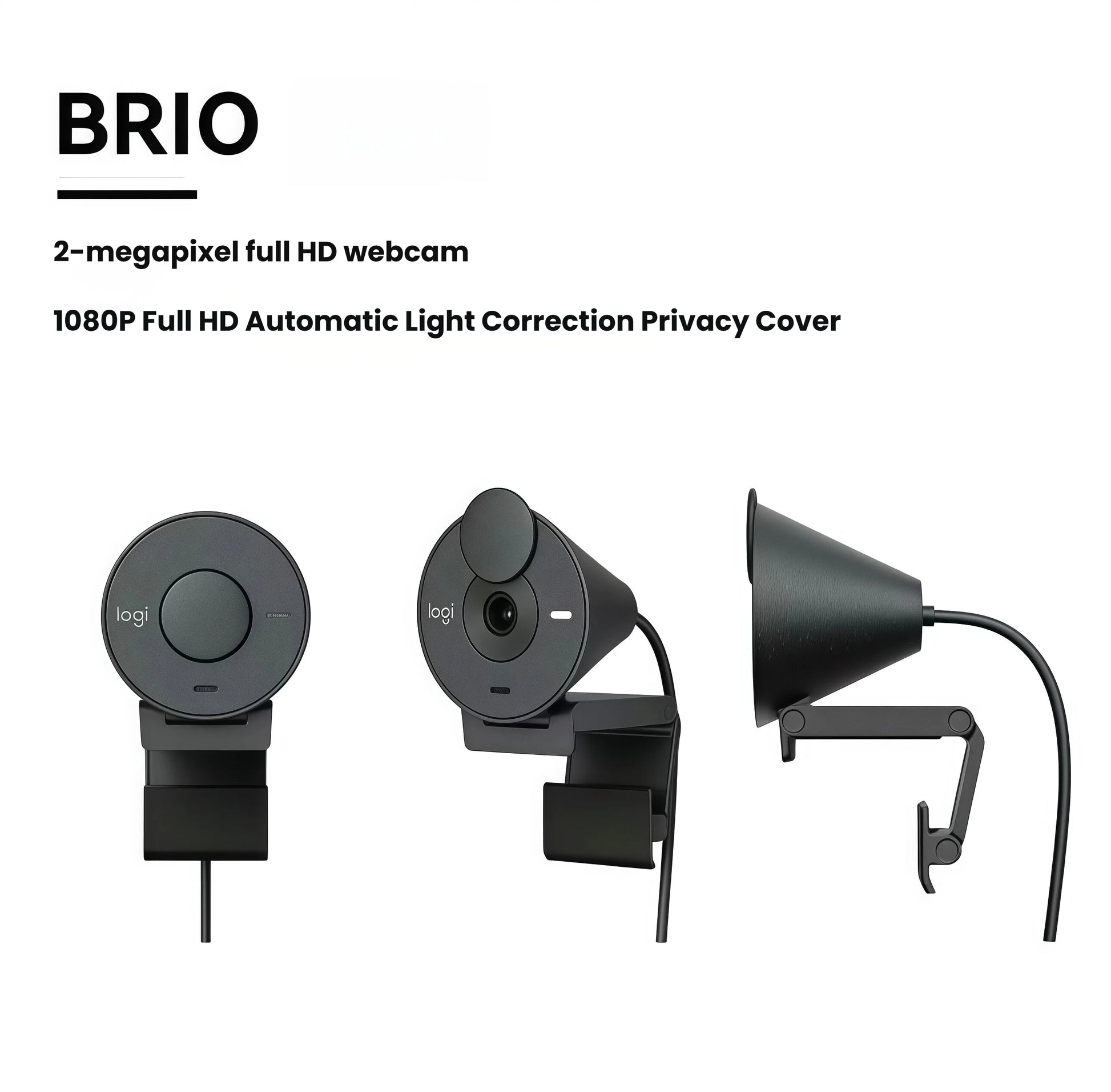 Product render displaying three angles of the black Brio 300: front with shutter closed, front with shutter open, and side profile.
