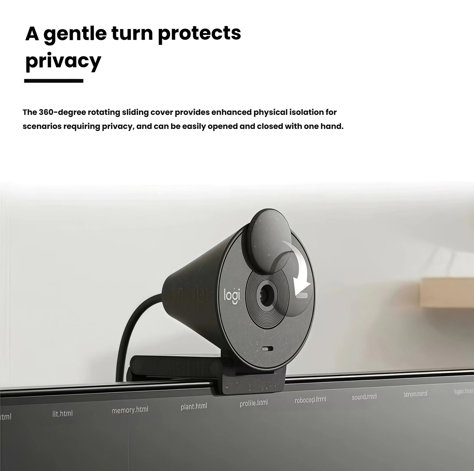  Side view of the black Logitech Brio 300 webcam mounted on a monitor, demonstrating the 360-degree rotating privacy shutter being closed with one hand.