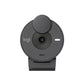 Studio shot of the graphite (black-speckled) Logitech Brio 300 webcam facing forward, privacy cover closed.