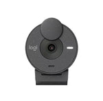 Studio shot of the graphite (black-speckled) Logitech Brio 300 webcam facing forward, privacy cover closed.