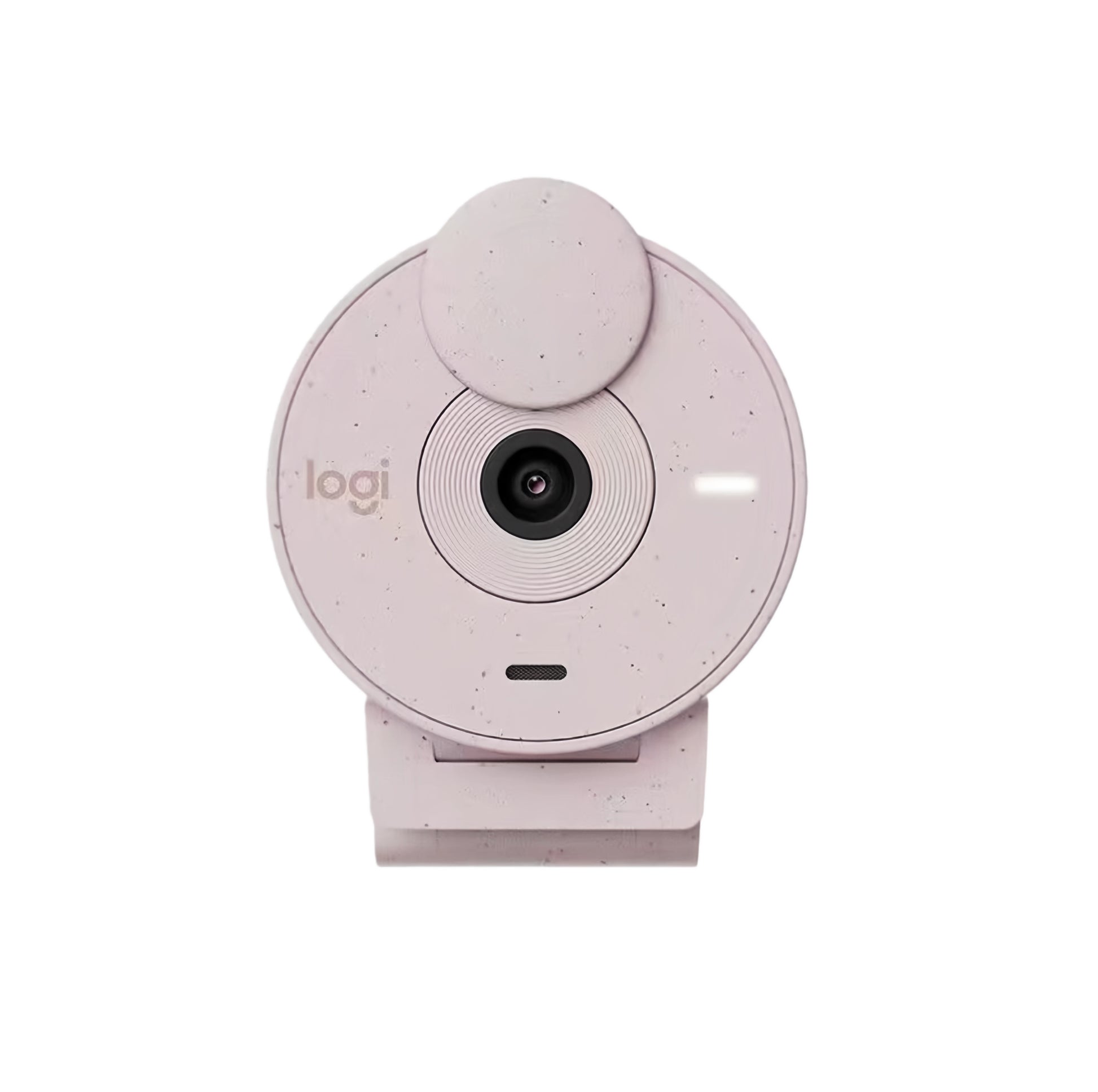 Studio shot of the rose (pink-speckled) Logitech Brio 300 webcam facing forward, privacy cover closed.