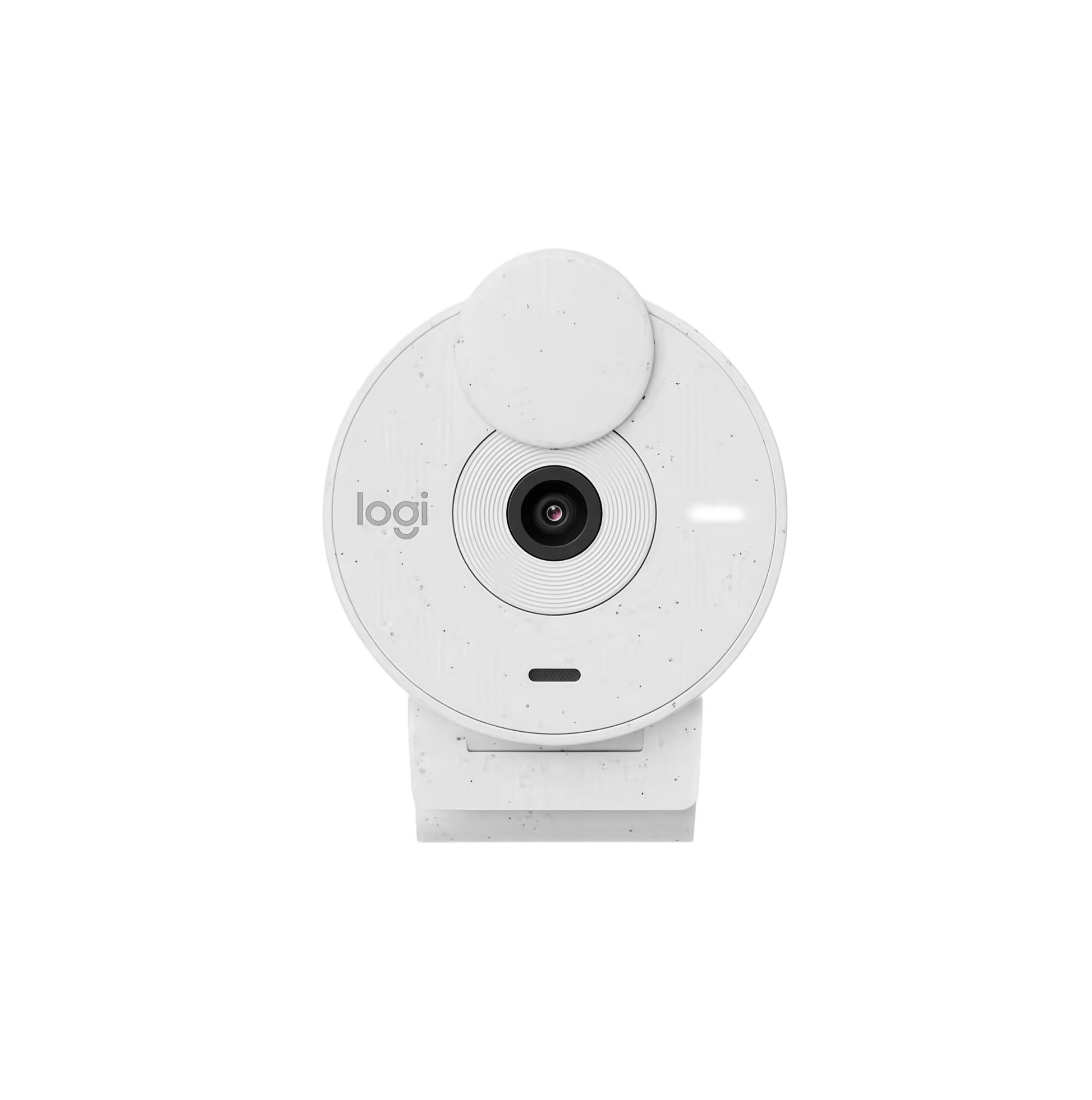 Studio shot of the off-white Logitech Brio 300 webcam facing forward, showing the lens, privacy cover, and built-in microphone.