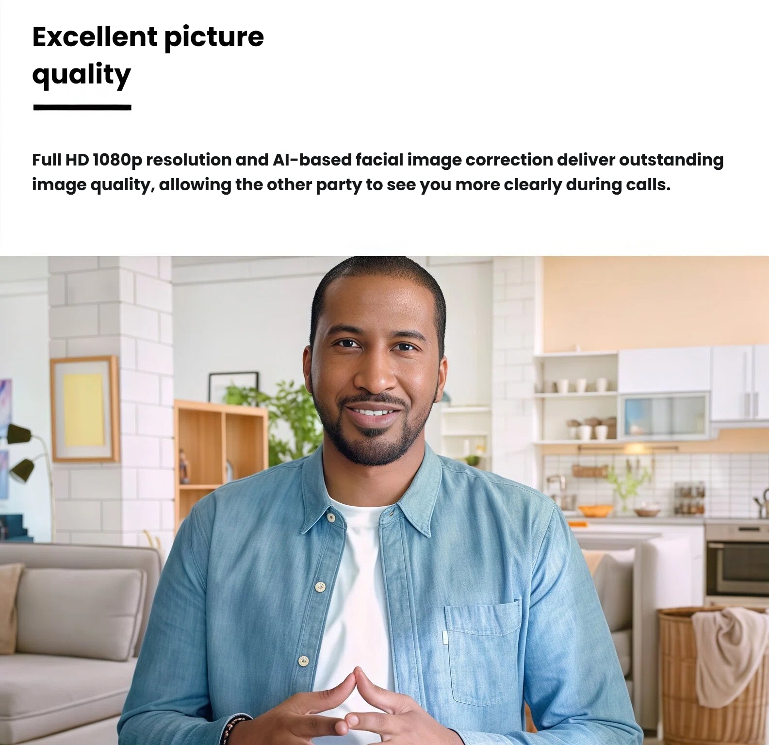 Close-up of a user in a home office, demonstrating the Brio 500’s AI-based facial enhancement and Full HD 1080p clarity for crisp video calls.