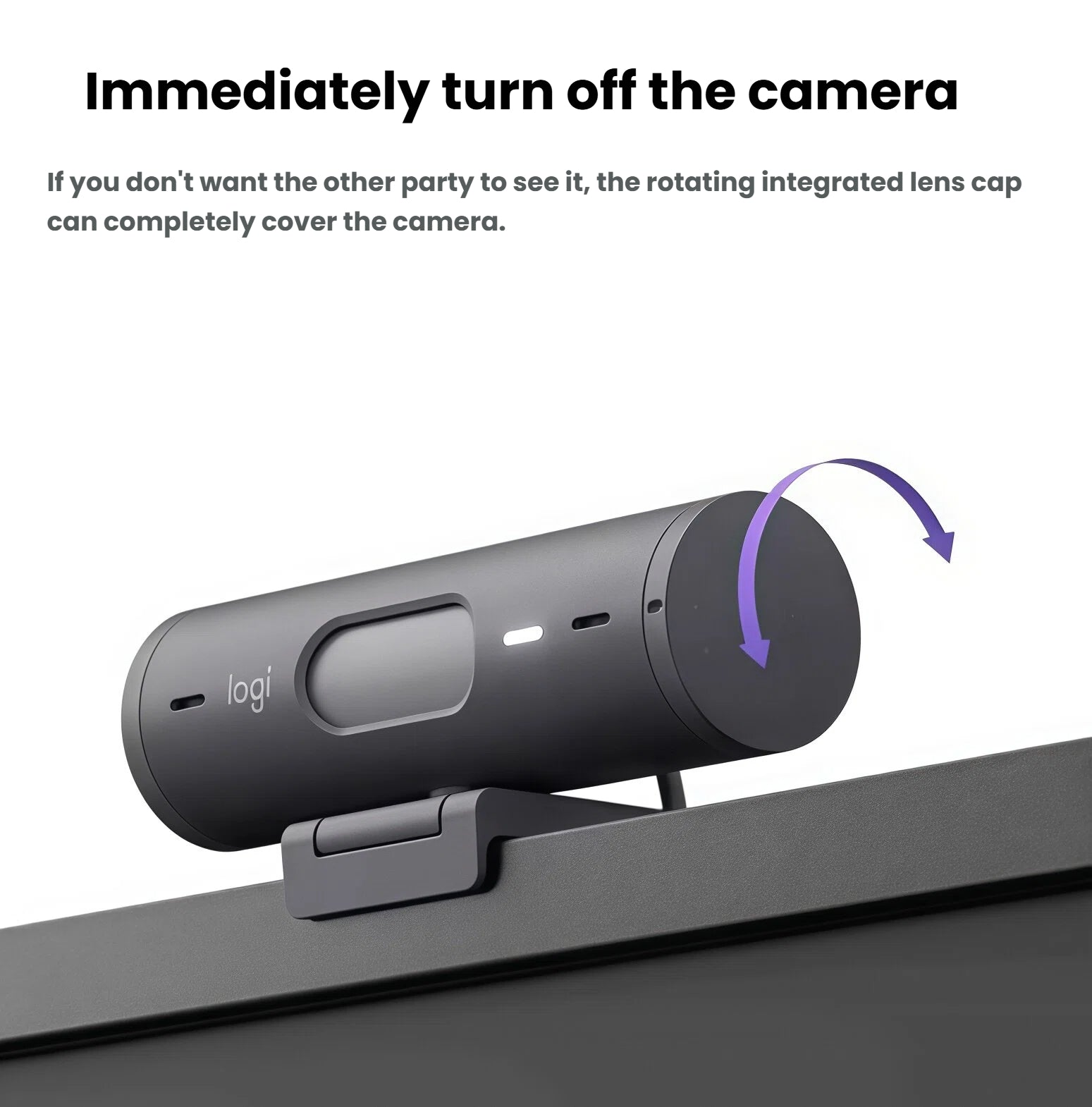Side view of the graphite Brio 500 webcam, showing the rotating lens cap that instantly covers the camera for privacy when not in use.