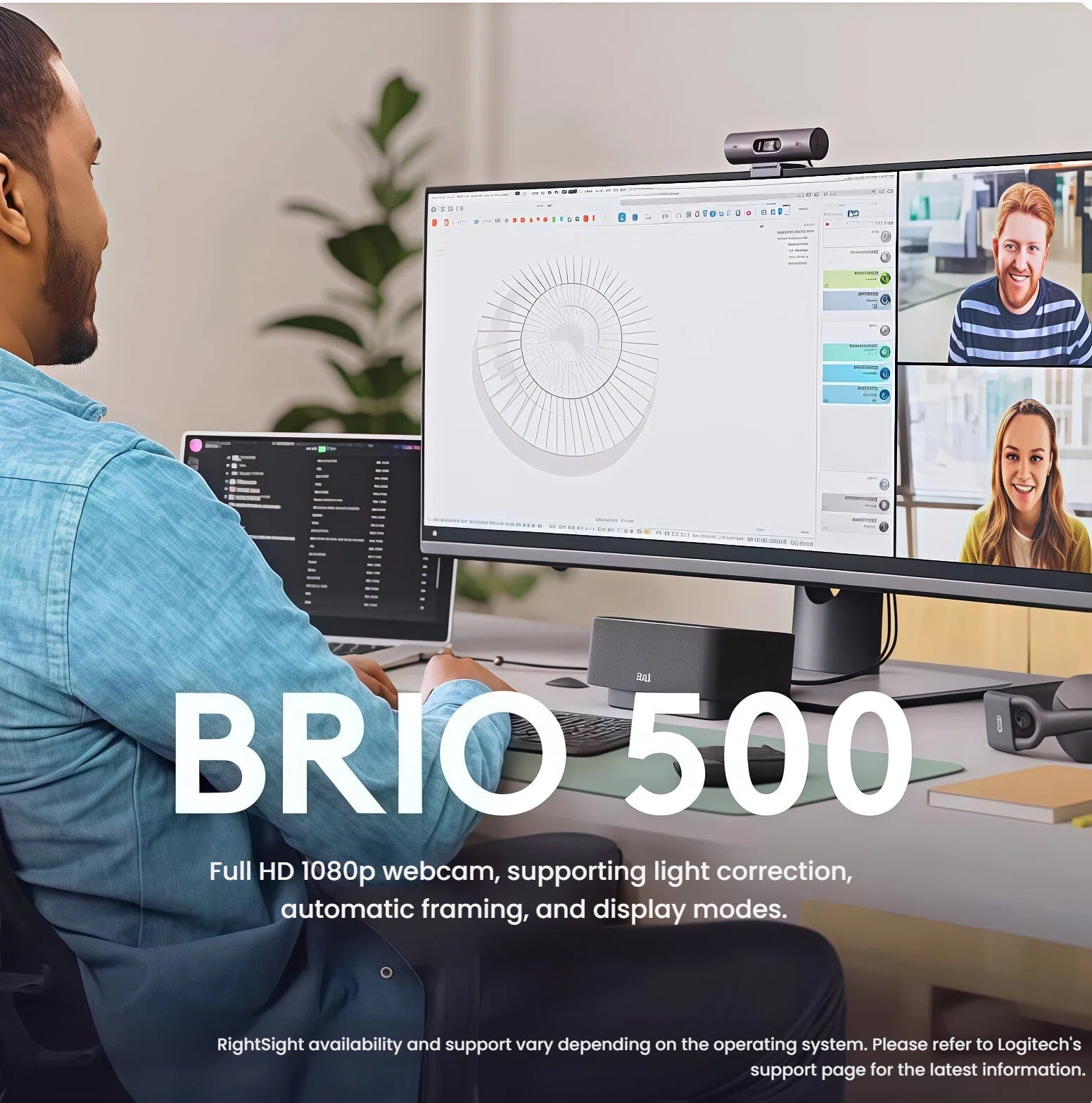Lifestyle scene of a professional using the Brio 500 webcam during a multi-participant video conference, highlighting automatic framing and display modes.