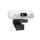 Front-facing shot of the off-white Logitech Brio 500 webcam, showcasing its 1080p lens, dual microphones, and textured eco-friendly casing.
