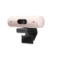 Front shot of the rose-colored Logitech Brio 500 webcam, emphasizing its modern design, 1080p resolution, and eco-conscious build.