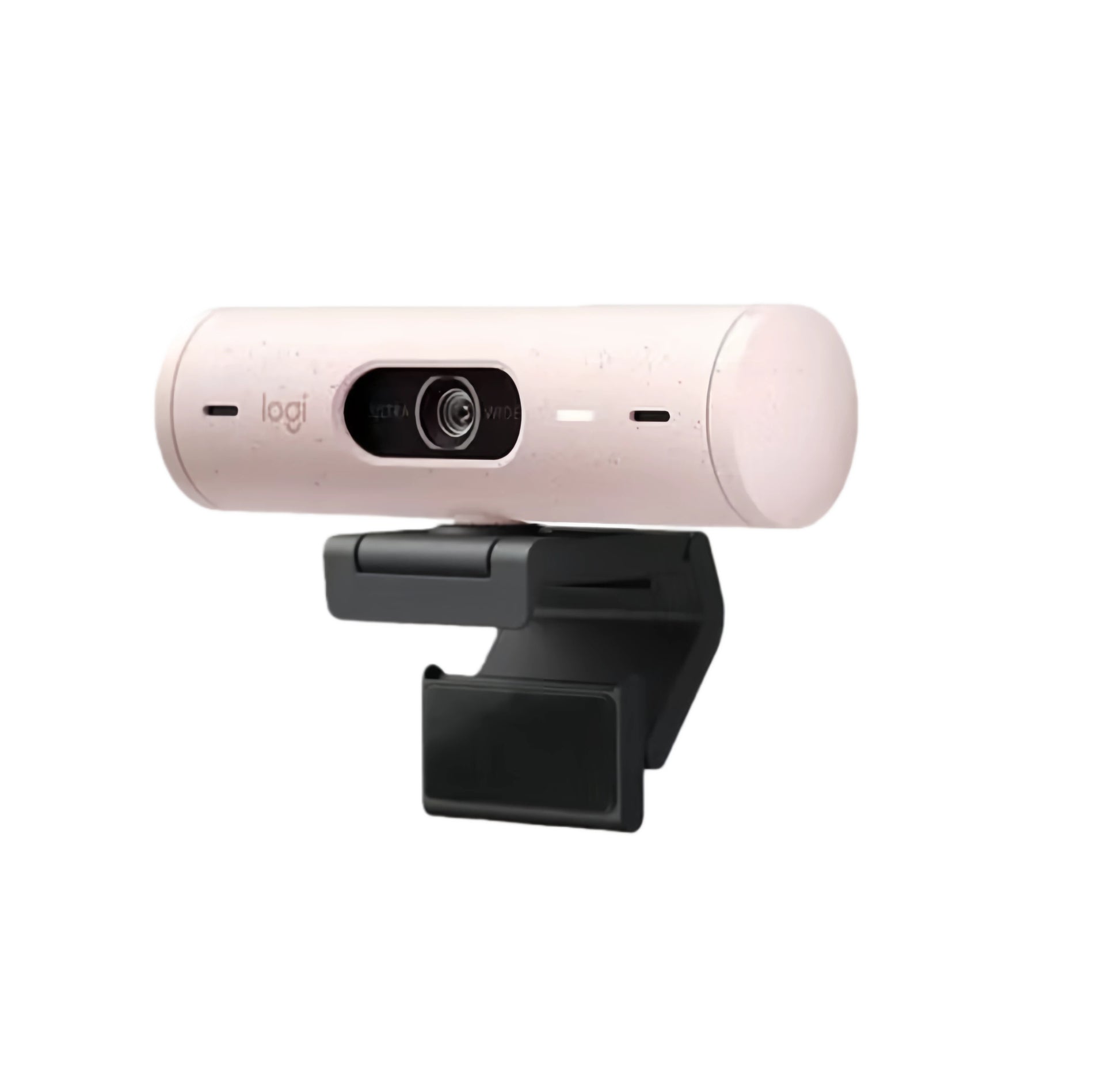 Front shot of the rose-colored Logitech Brio 500 webcam, emphasizing its modern design, 1080p resolution, and eco-conscious build.