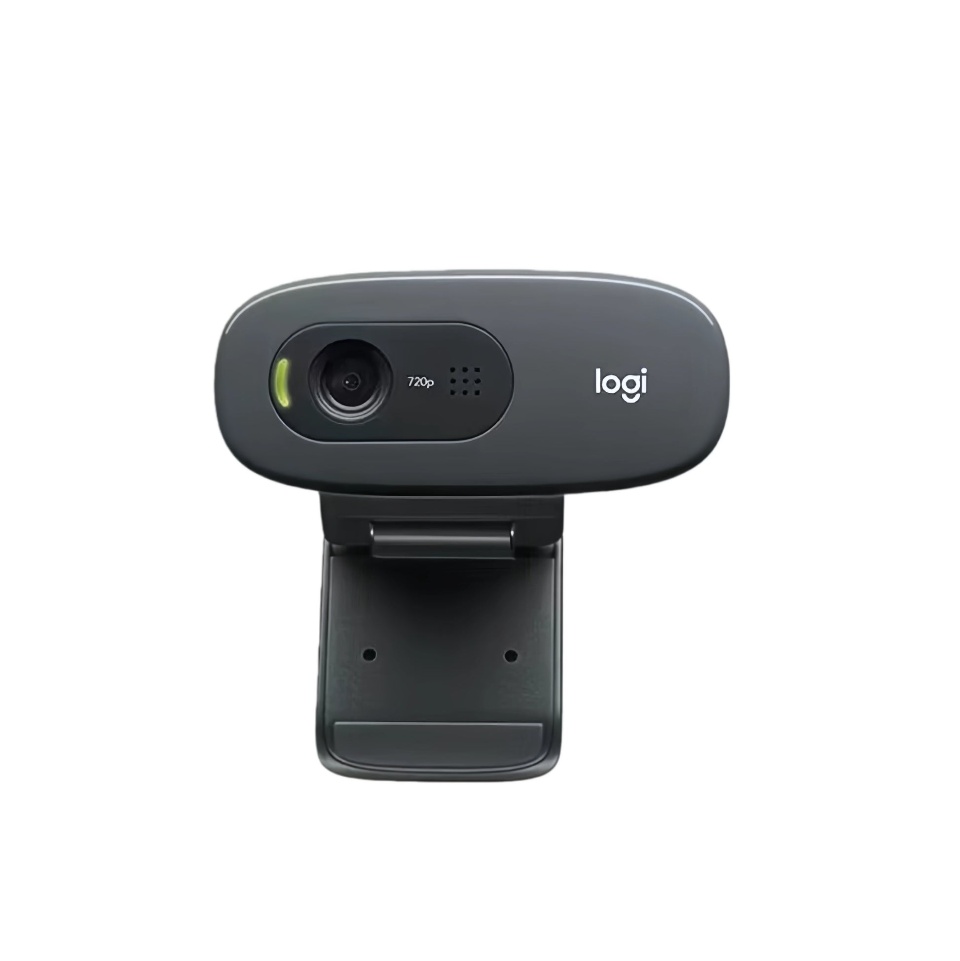 Studio shot of the black Logitech C270 HD webcam facing forward, showing the 720p lens, microphone holes, and universal clip.