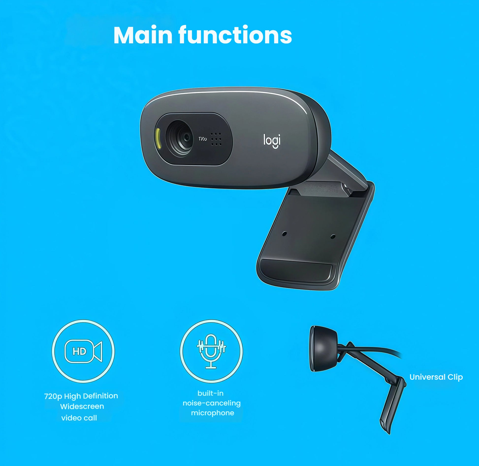  Infographic showcasing the C270’s main functions: 720p HD widescreen video, built-in noise-canceling microphone, and versatile universal mounting clip.