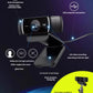  Infographic highlighting the main functions of the Logitech C922 Pro Stream webcam: 1080p HD glass lens, autofocus, dual noise-canceling mics, USB connection, LED indicator, and versatile clip/tripod mount.