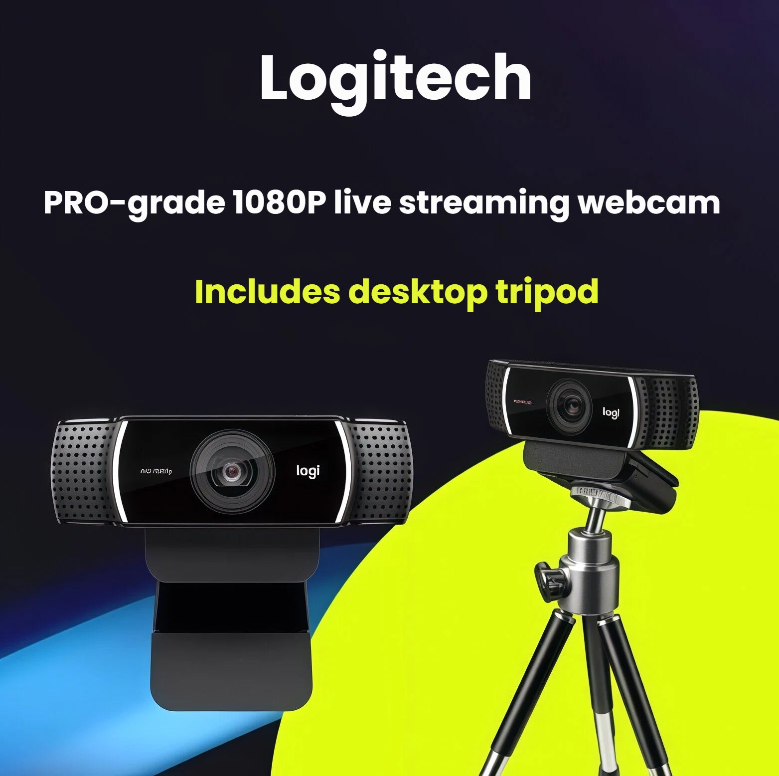Promotional banner featuring two Logitech C922 webcams, one clipped to a monitor and one mounted on the included desktop tripod.