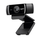 Front view of the Logitech C922 Pro Stream webcam showing the 1080p HD lens and perforated microphone grilles.