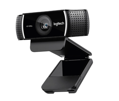 Front view of the Logitech C922 Pro Stream webcam showing the 1080p HD lens and perforated microphone grilles.