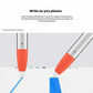 Front view of the Logitech Crayon stylus featuring a sleek silver body with vibrant orange accents and a power button. Designed for intuitive use with iPad 6th generation and other supported iPads.