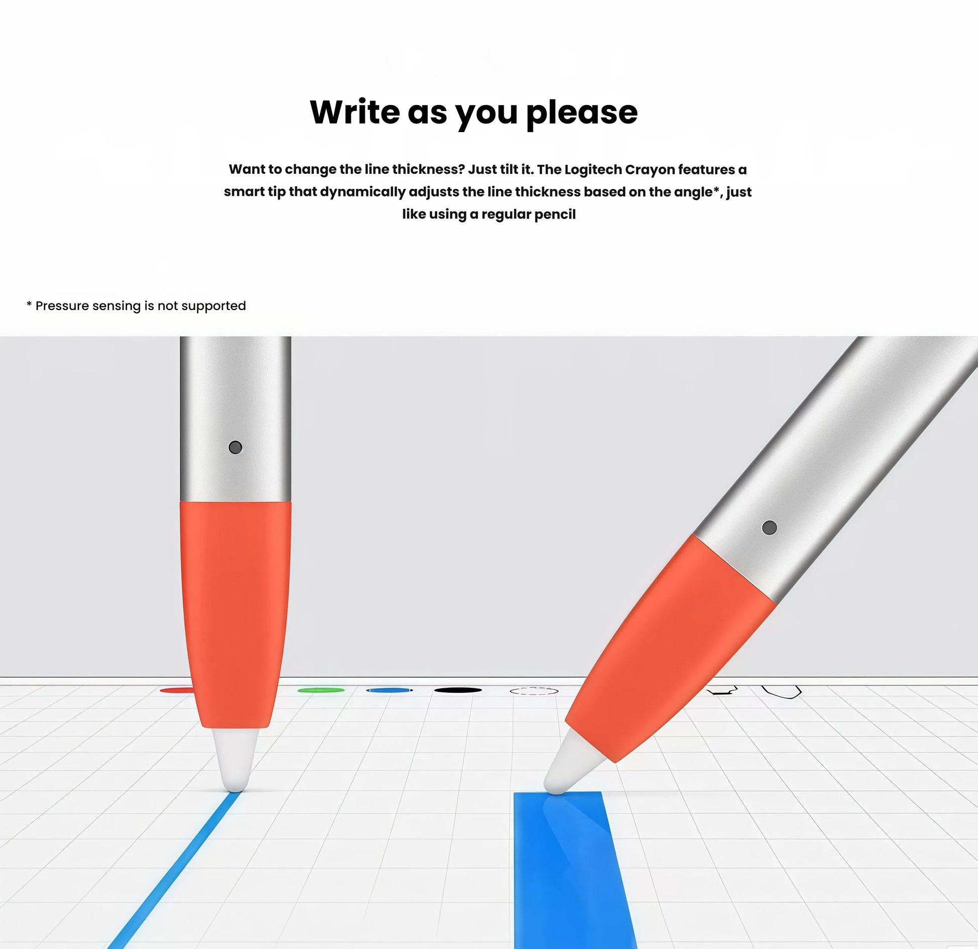 Front view of the Logitech Crayon stylus featuring a sleek silver body with vibrant orange accents and a power button. Designed for intuitive use with iPad 6th generation and other supported iPads.