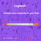 Logitech Crayon digital pencil displayed against a playful purple illustrated background with cartoon creatures. Promotes creative expression on iPad with the tagline “Take a CRAYON with you!” — perfect for kids and artists alike.

