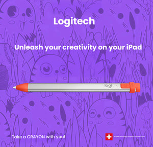 Logitech Crayon digital pencil displayed against a playful purple illustrated background with cartoon creatures. Promotes creative expression on iPad with the tagline “Take a CRAYON with you!” — perfect for kids and artists alike.
