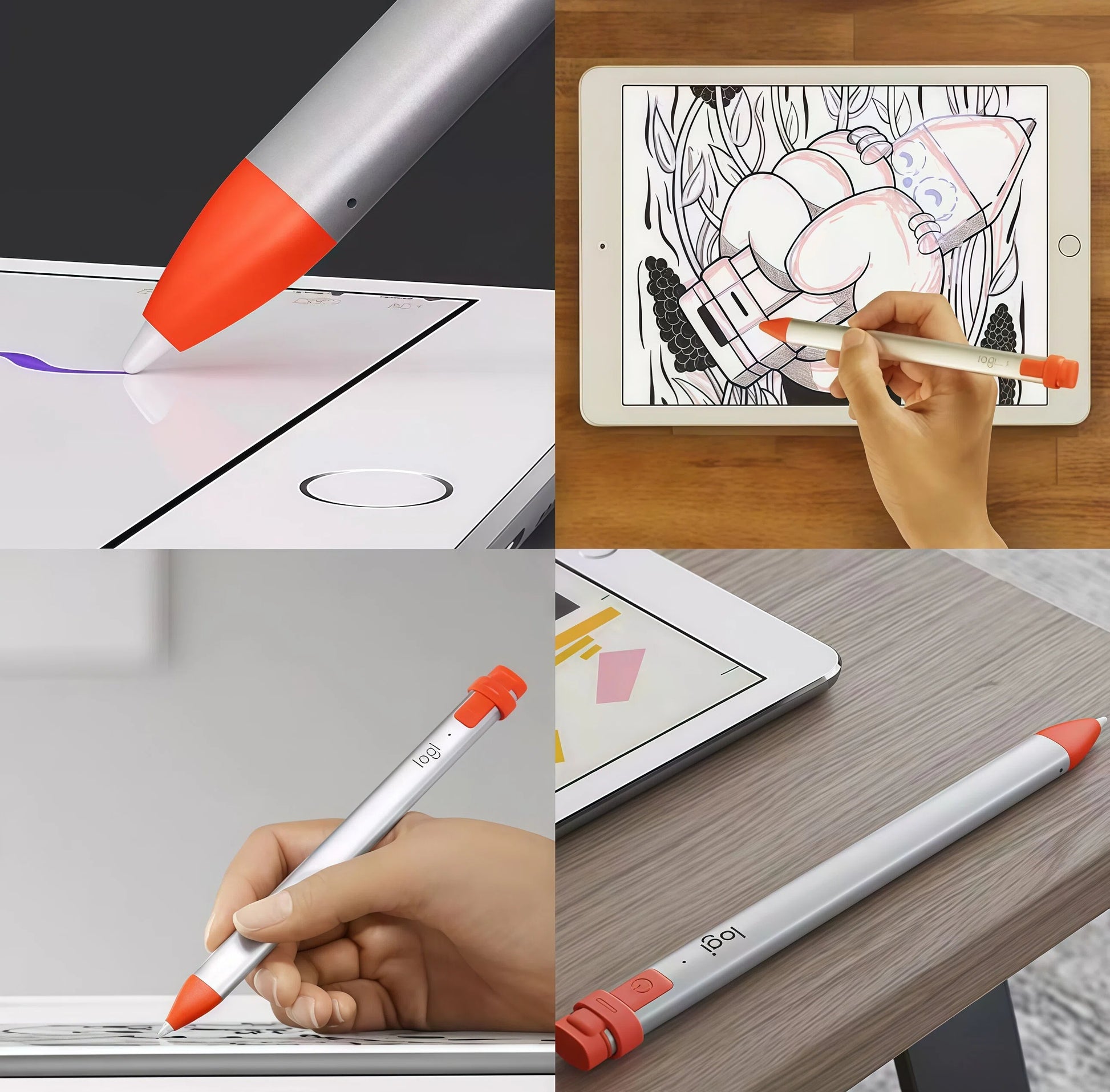 Four-panel collage showcasing the Logitech Crayon digital pencil in use: close-up on screen, hand drawing on iPad, coloring a detailed illustration, and resting beside an iPad. Highlights its versatility for education, creativity, and everyday note-taking.