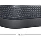 Technical diagram of the Logitech ERGO K860 split ergonomic keyboard with measurements: 456 mm wide and 233 mm tall, helping users verify desk space compatibility.