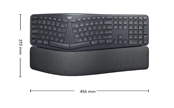 Technical diagram of the Logitech ERGO K860 split ergonomic keyboard with measurements: 456 mm wide and 233 mm tall, helping users verify desk space compatibility.