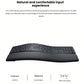 Side-angle view of the Logitech ERGO K860 ergonomic keyboard illustrating its curved, split layout and negative tilt that reduce muscle fatigue and improve wrist posture.