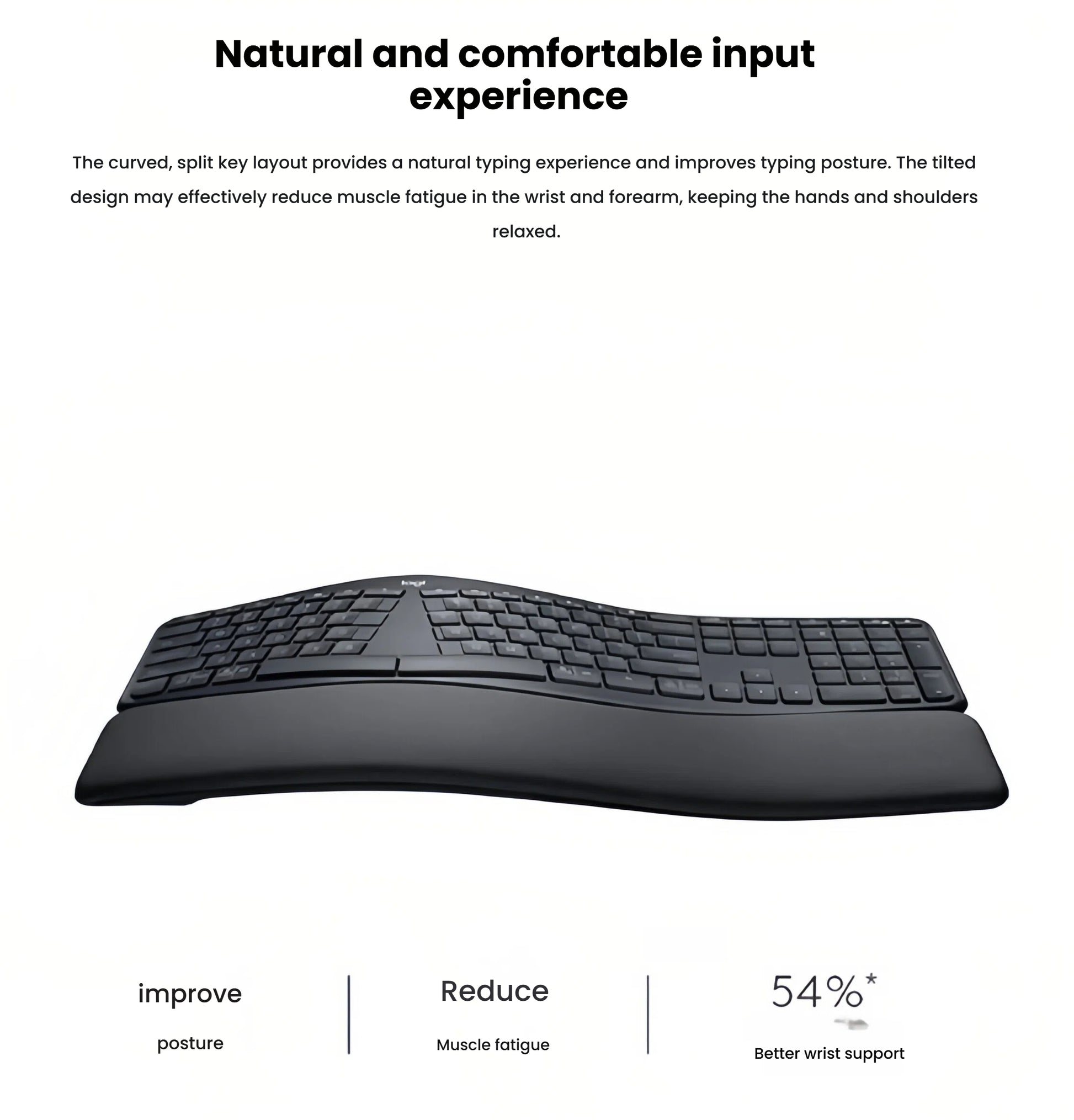 Side-angle view of the Logitech ERGO K860 ergonomic keyboard illustrating its curved, split layout and negative tilt that reduce muscle fatigue and improve wrist posture.