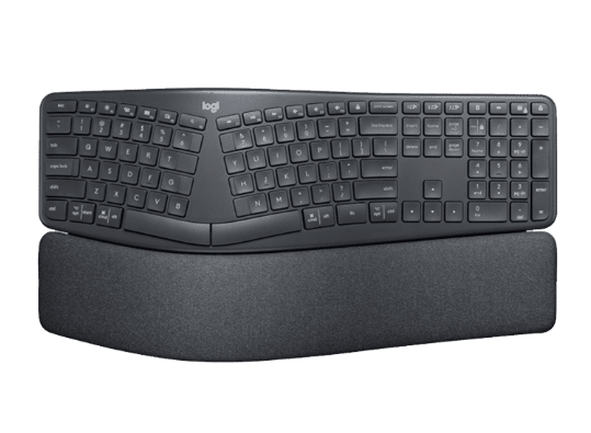 Front-facing shot of the Logitech ERGO K860 wireless ergonomic keyboard in graphite, showcasing its curved, split-key layout and integrated pillowed wrist rest for natural typing posture.