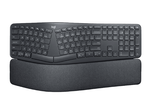 Front-facing shot of the Logitech ERGO K860 wireless ergonomic keyboard in graphite, showcasing its curved, split-key layout and integrated pillowed wrist rest for natural typing posture.