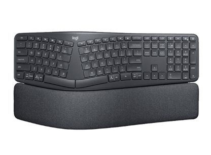 Front-facing shot of the Logitech ERGO K860 wireless ergonomic keyboard in graphite, showcasing its curved, split-key layout and integrated pillowed wrist rest for natural typing posture.