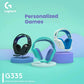 Lifestyle shot of three G335 headsets in mint, white, and black displayed on pastel pedestals, emphasizing personalized style options for gamers.