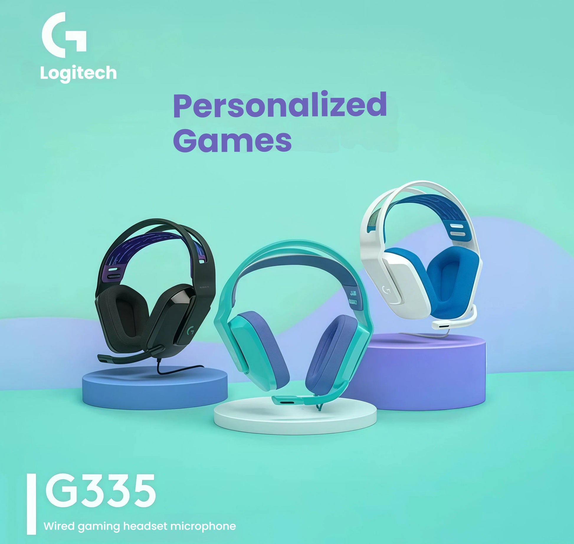 Lifestyle shot of three G335 headsets in mint, white, and black displayed on pastel pedestals, emphasizing personalized style options for gamers.