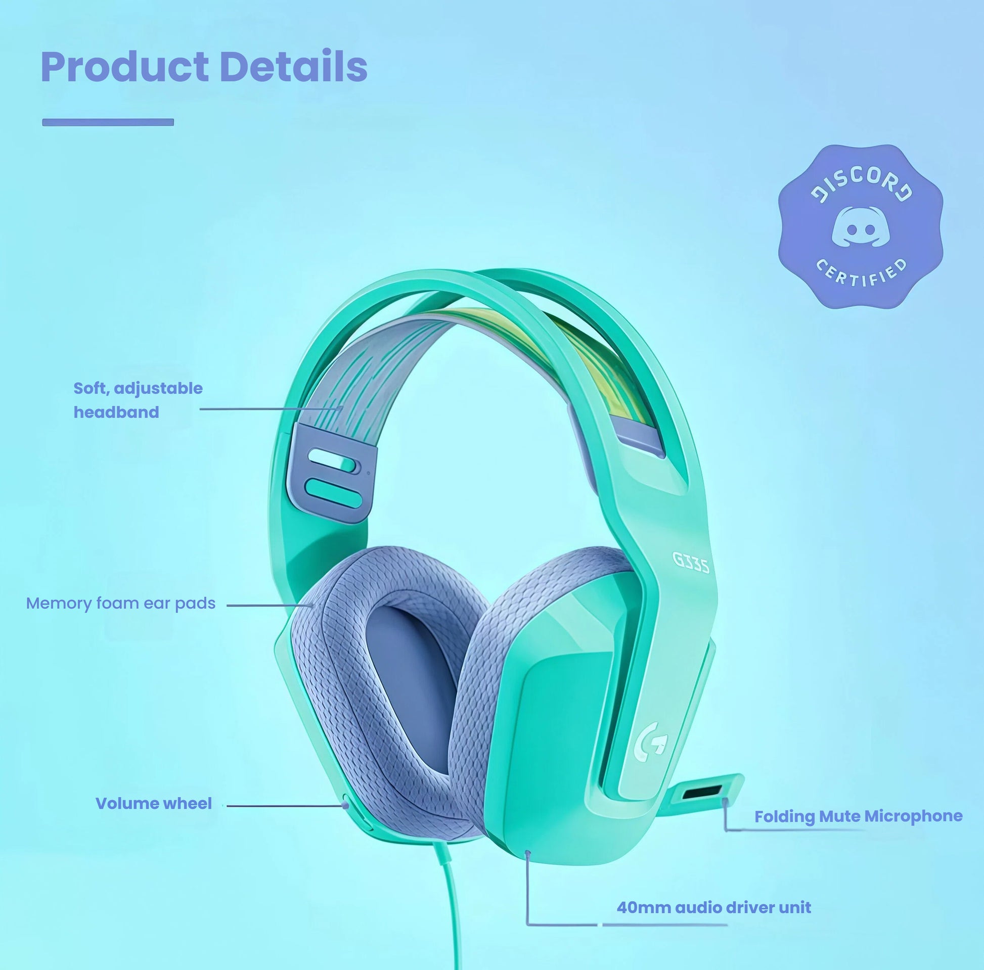 Annotated side view of the mint G335 headset labeling the soft suspension headband, memory-foam ear pads, volume wheel, folding mic, and 40 mm drivers.