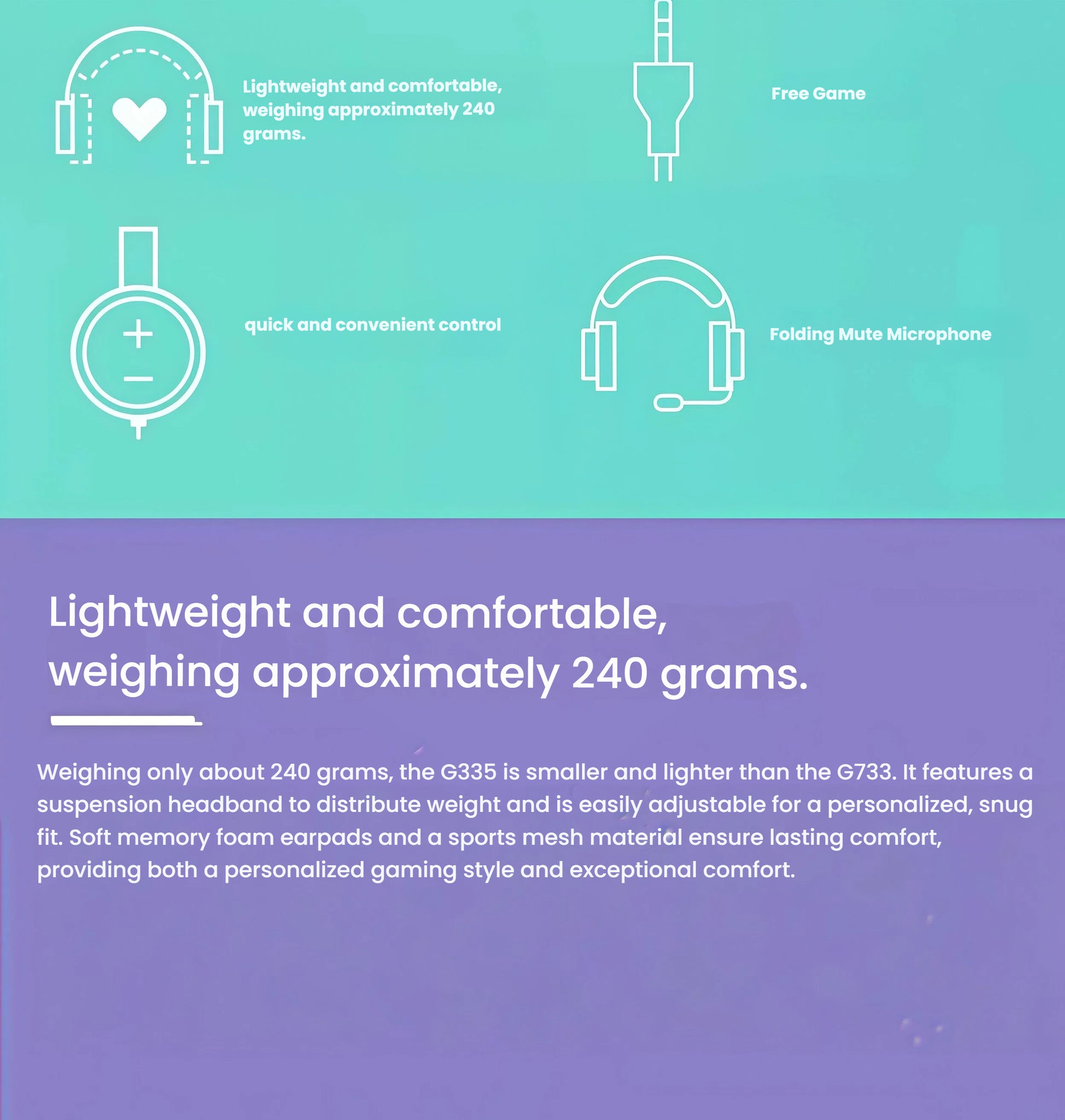 Teal-and-purple infographic summarizing the G335’s key features: 240 g weight, 3.5 mm plug, on-ear volume wheel, and flip-to-mute mic.
