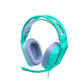 Studio shot of the mint-green G335 headset with gray memory-foam ear pads and adjustable suspension headband.