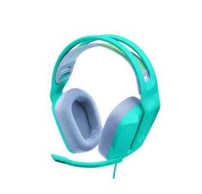 Studio shot of the mint-green G335 headset with gray memory-foam ear pads and adjustable suspension headband.