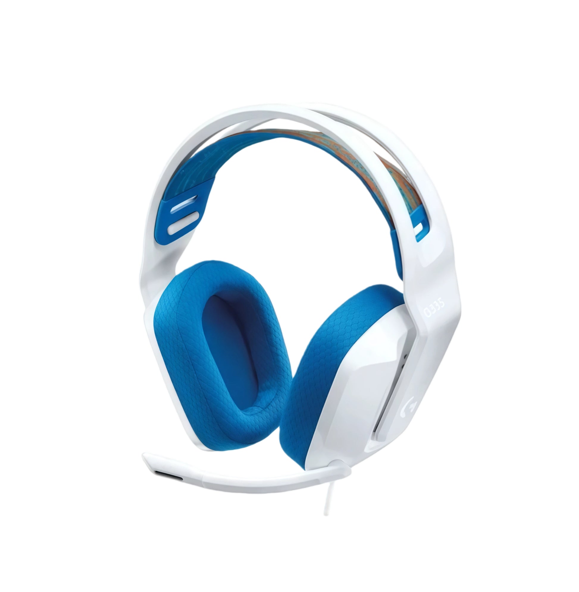 Front view of the white G335 headset with vibrant blue ear cushions and matching headband accents.