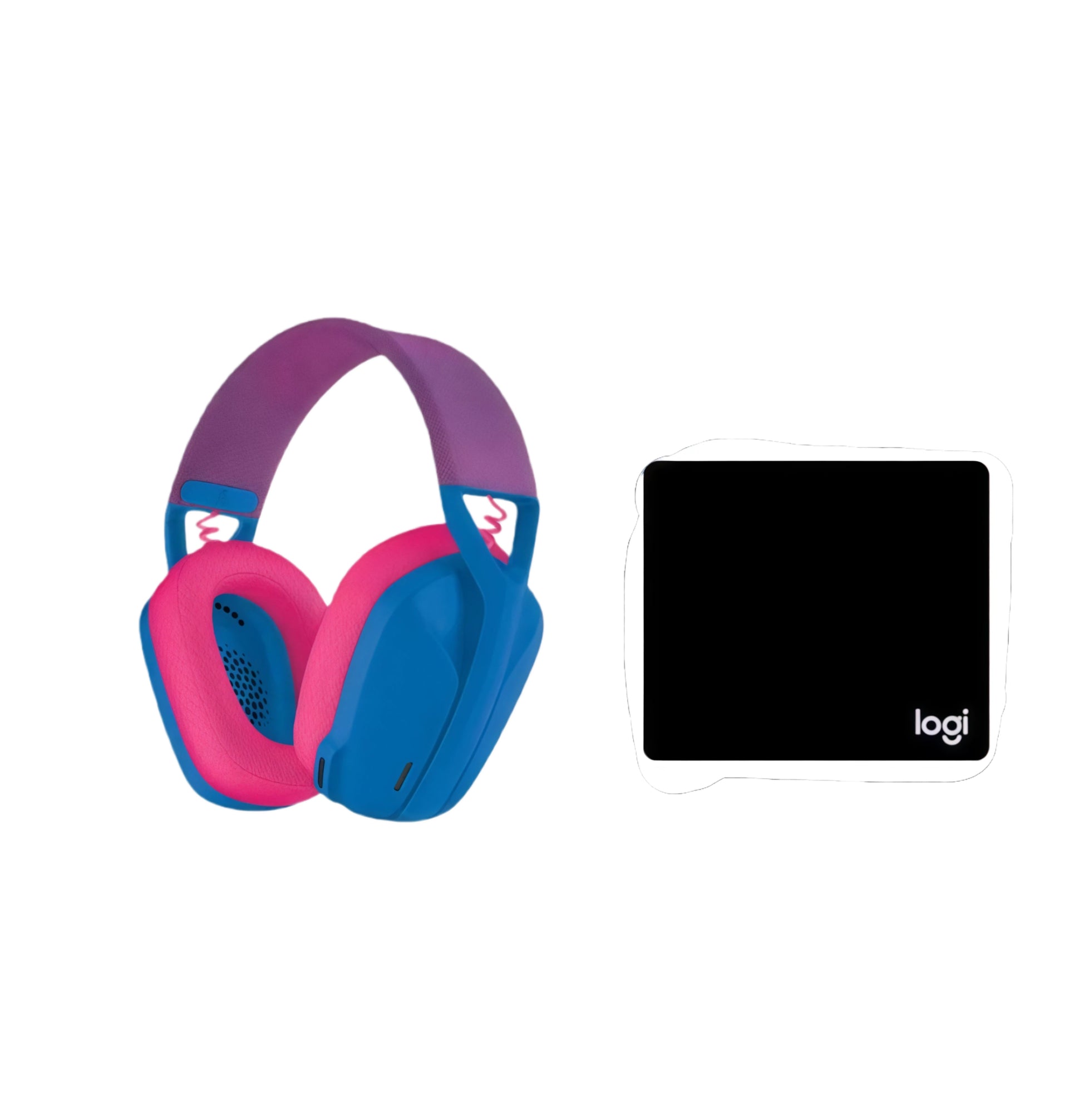 Vibrant blue-and-pink G435 headset displayed next to its USB dongle, highlighting colorful style options for gamers.