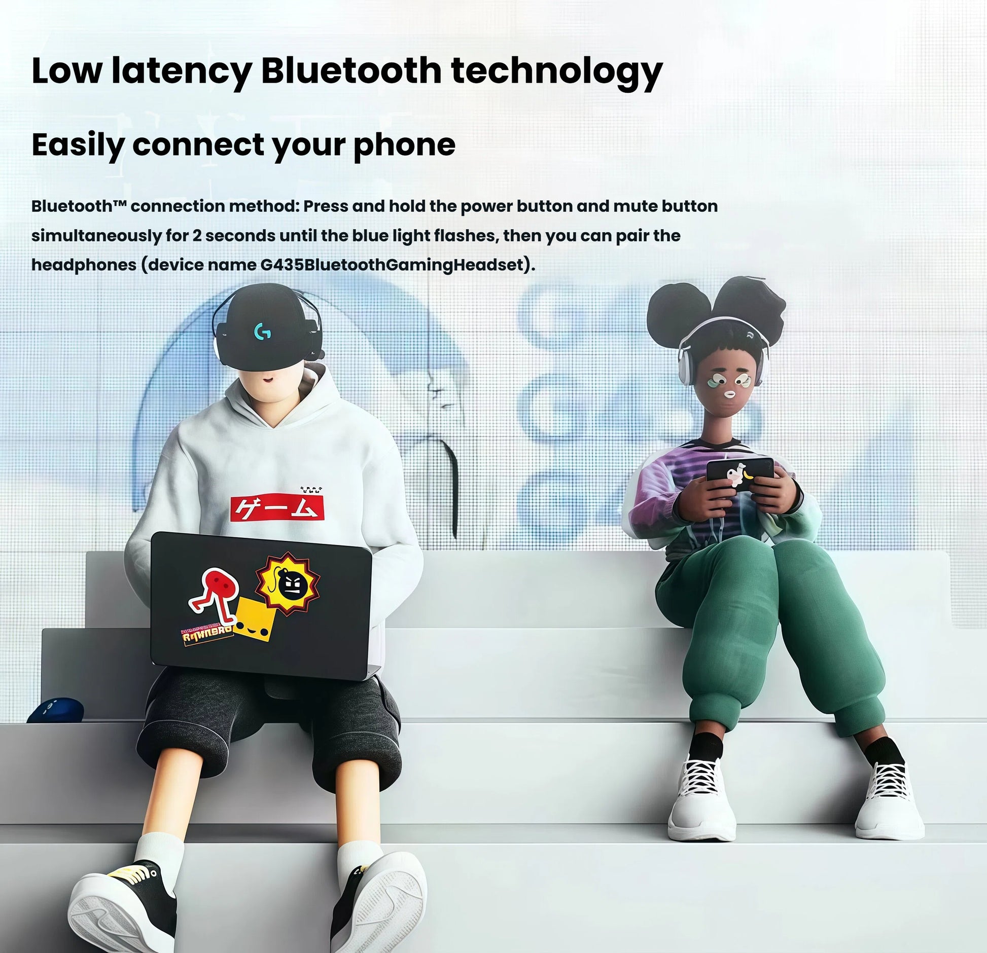 Two stylized gamers using the G435 headset—one on a laptop, one on a phone—highlighting seamless dual-device connectivity via Bluetooth and LIGHTSPEED.