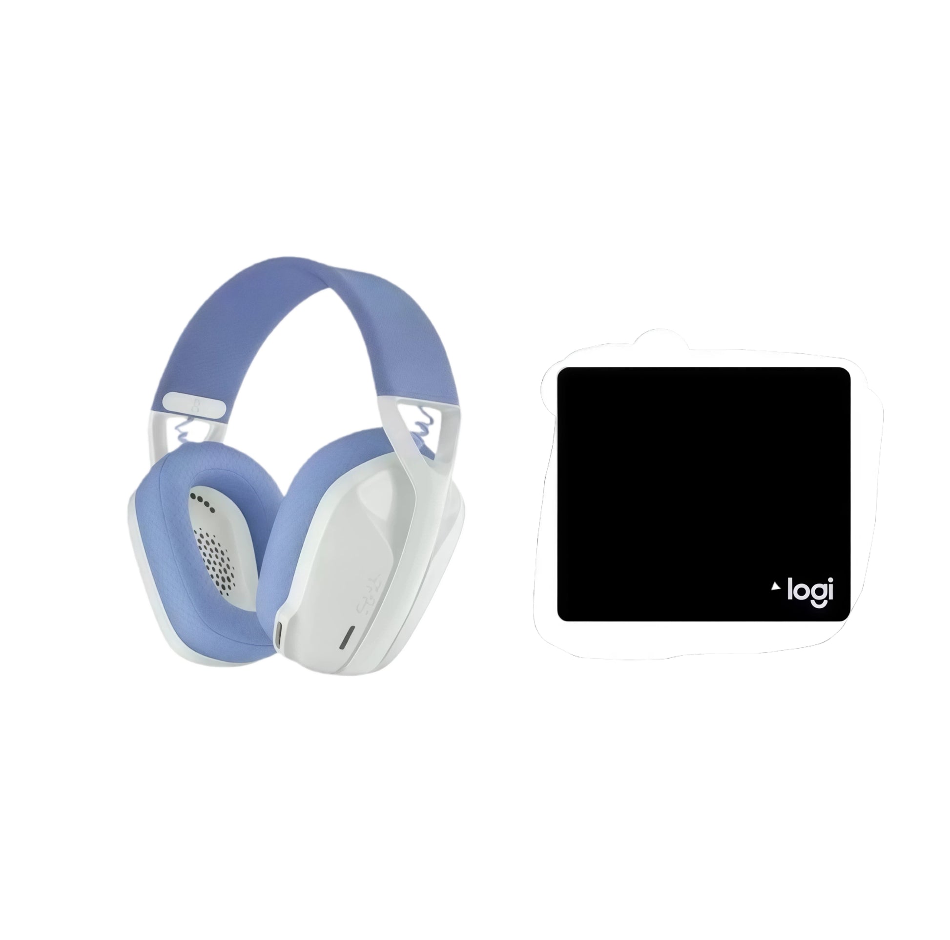  Product shot of the white-and-lilac G435 alongside its compact LIGHTSPEED USB receiver, ready for plug-and-play wireless gaming.