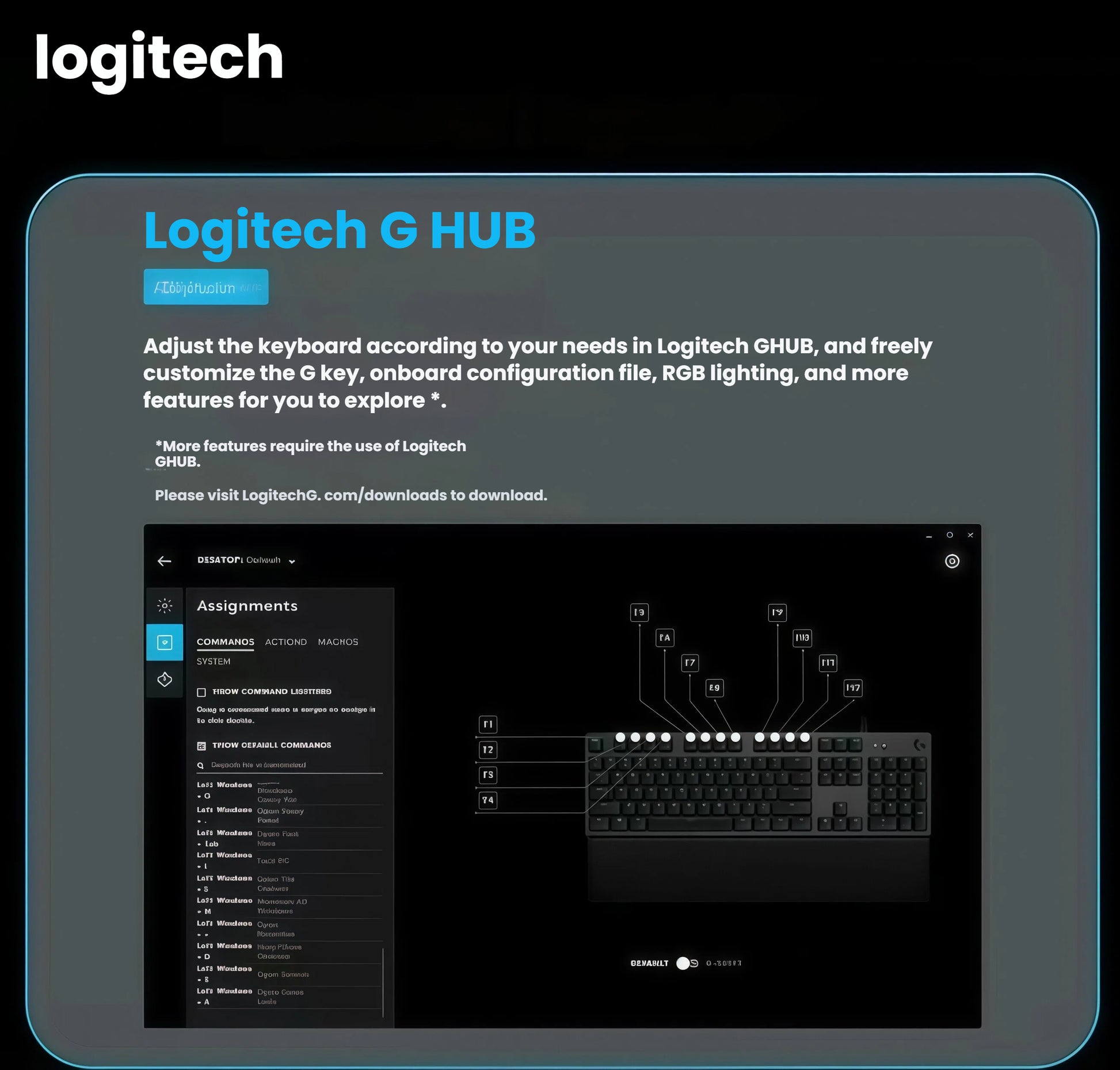 Screenshot of Logitech G HUB software interface demonstrating macro assignment, RGB lighting control, and onboard profile configuration for the G512 gaming keyboard.